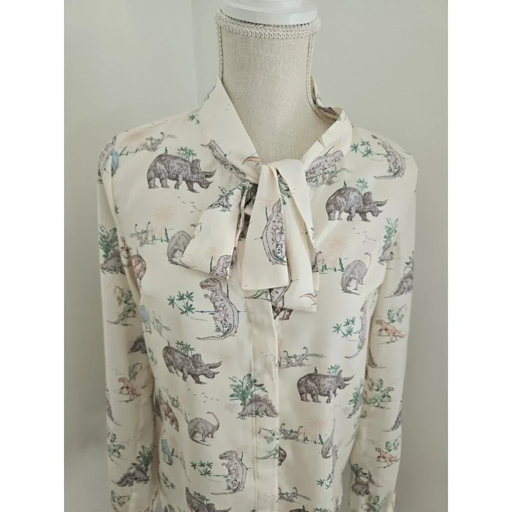 Modcloth Dinosaur Animal Print Miss Frizzle Ivory Bow Tie Button Up Blouse S Top - Picture 2 of 11
